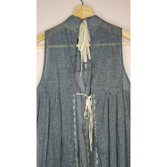 Ryu 100% Cotton Blue Semi Transparent Lace Accent Open Lower Back Blouse Size S - Picture 9 of 12